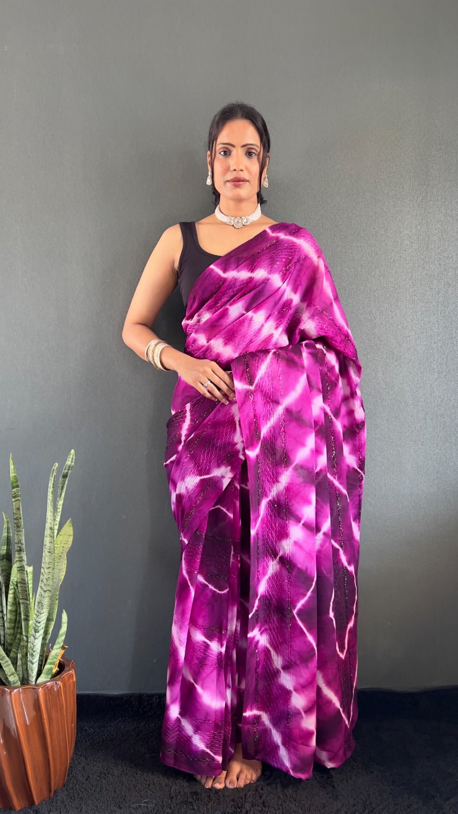 Georgette Lahariya Saree – 1-Min Ready to Wear Pre-Stitched Saree for Women - Moksha Fashions