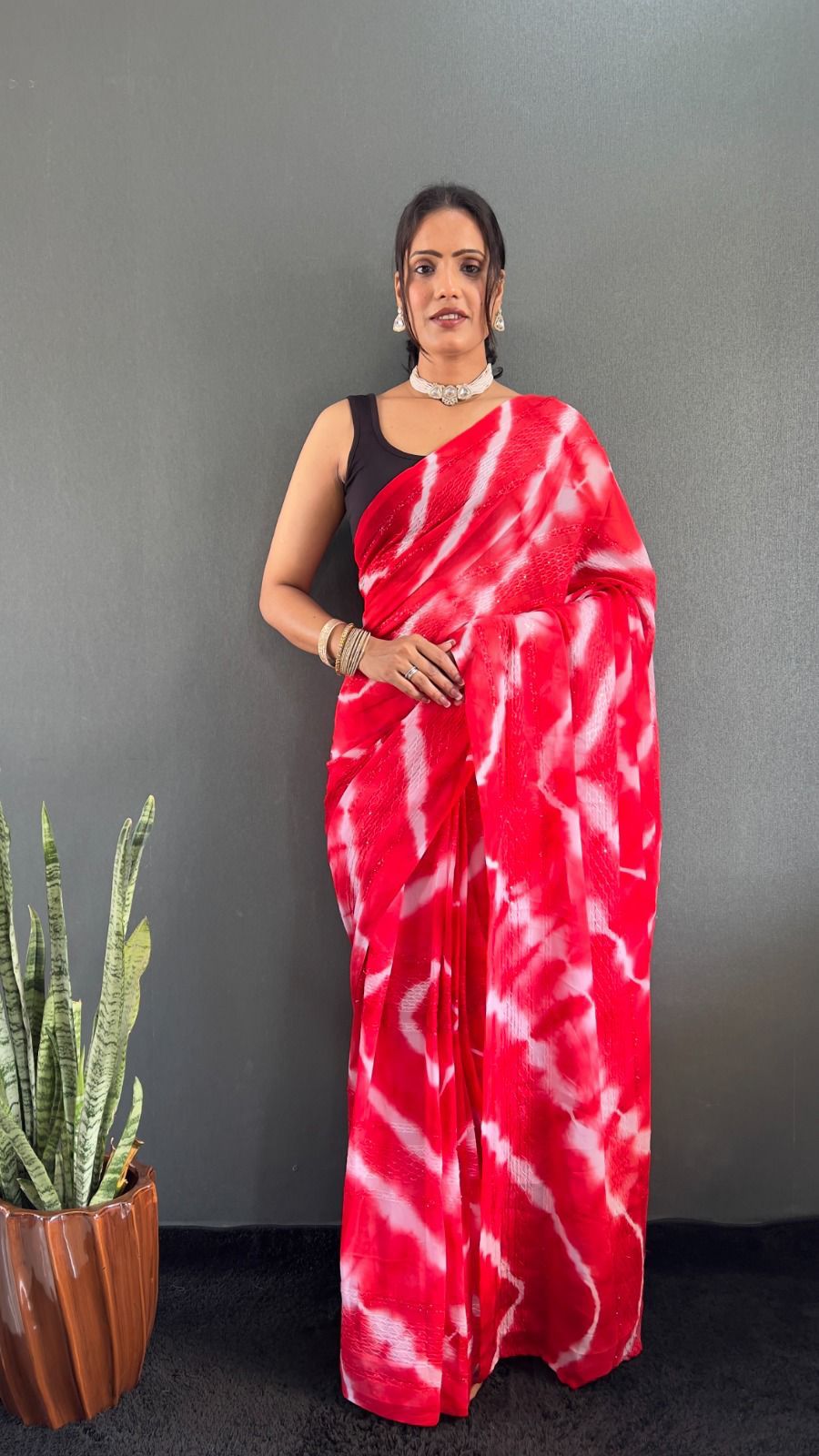 Georgette Lahariya Saree – 1-Min Ready to Wear Pre-Stitched Saree for Women - Moksha Fashions