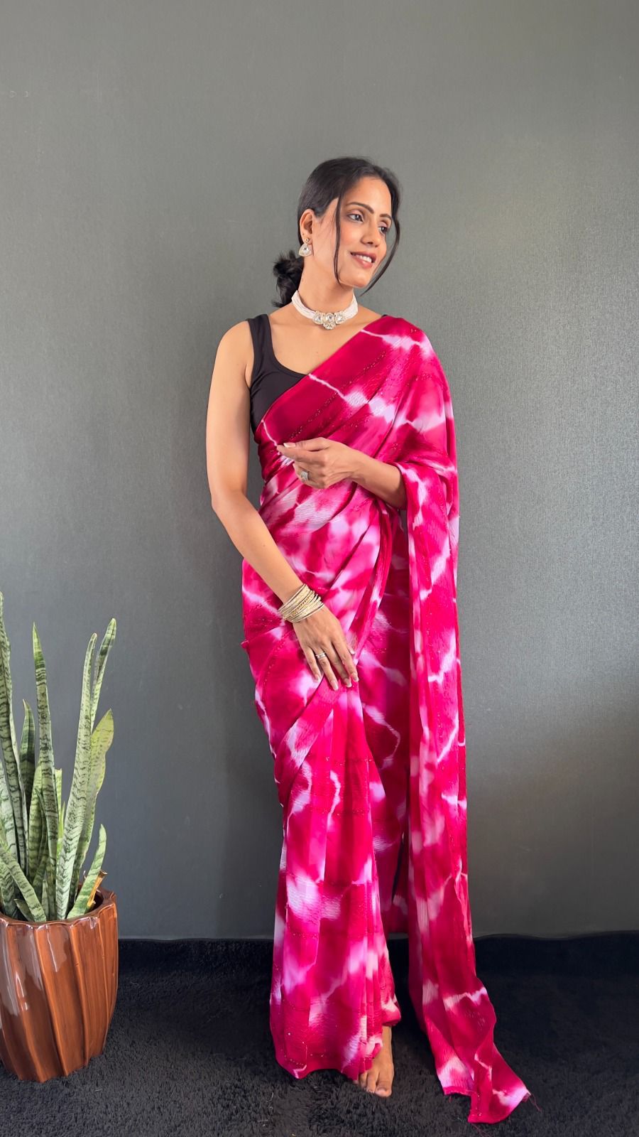 Georgette Lahariya Saree – 1-Min Ready to Wear Pre-Stitched Saree for Women - Moksha Fashions