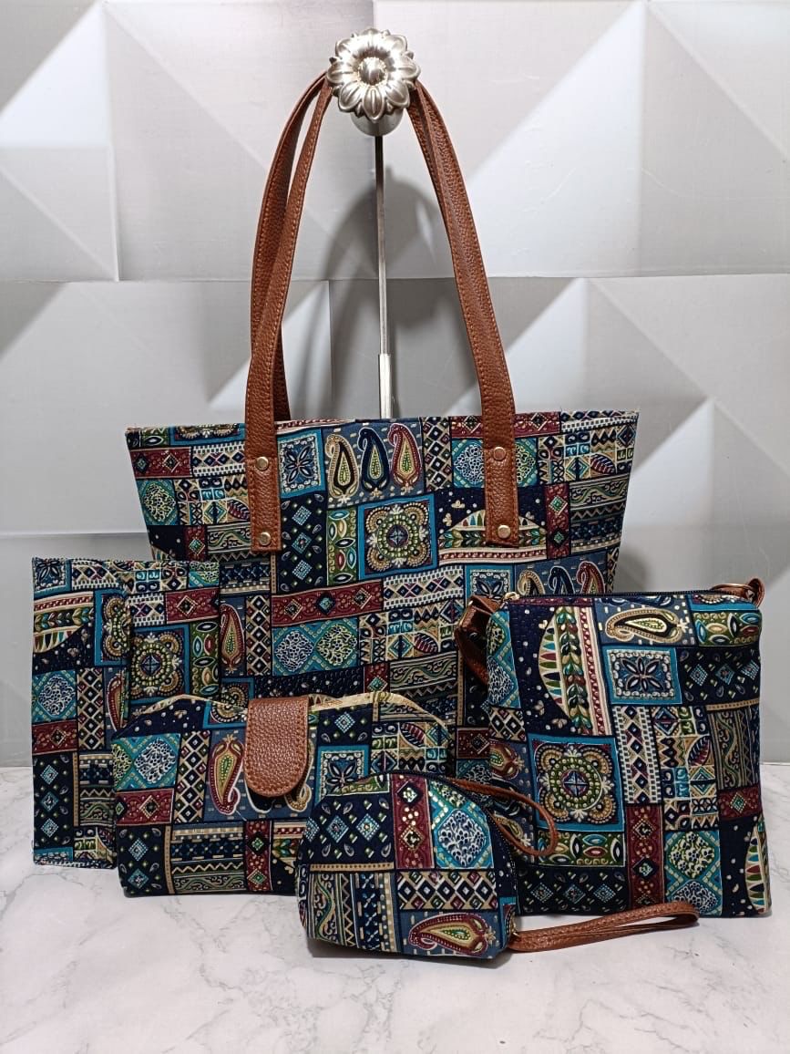 5 Piece Ikkat Bag - Moksha Fashions