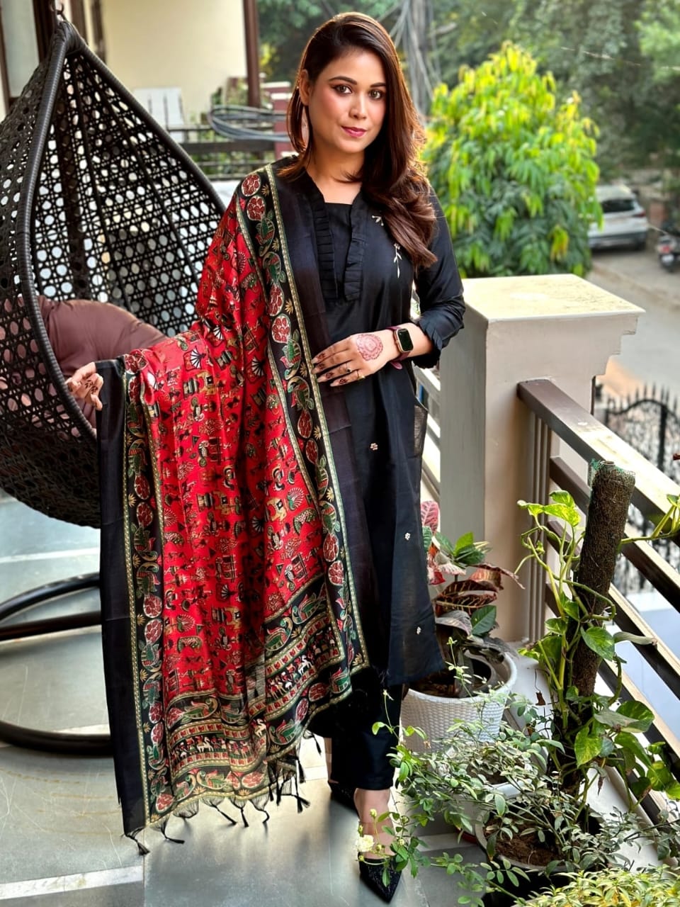 Black Cotton Kurti Pant Silk Dupatta