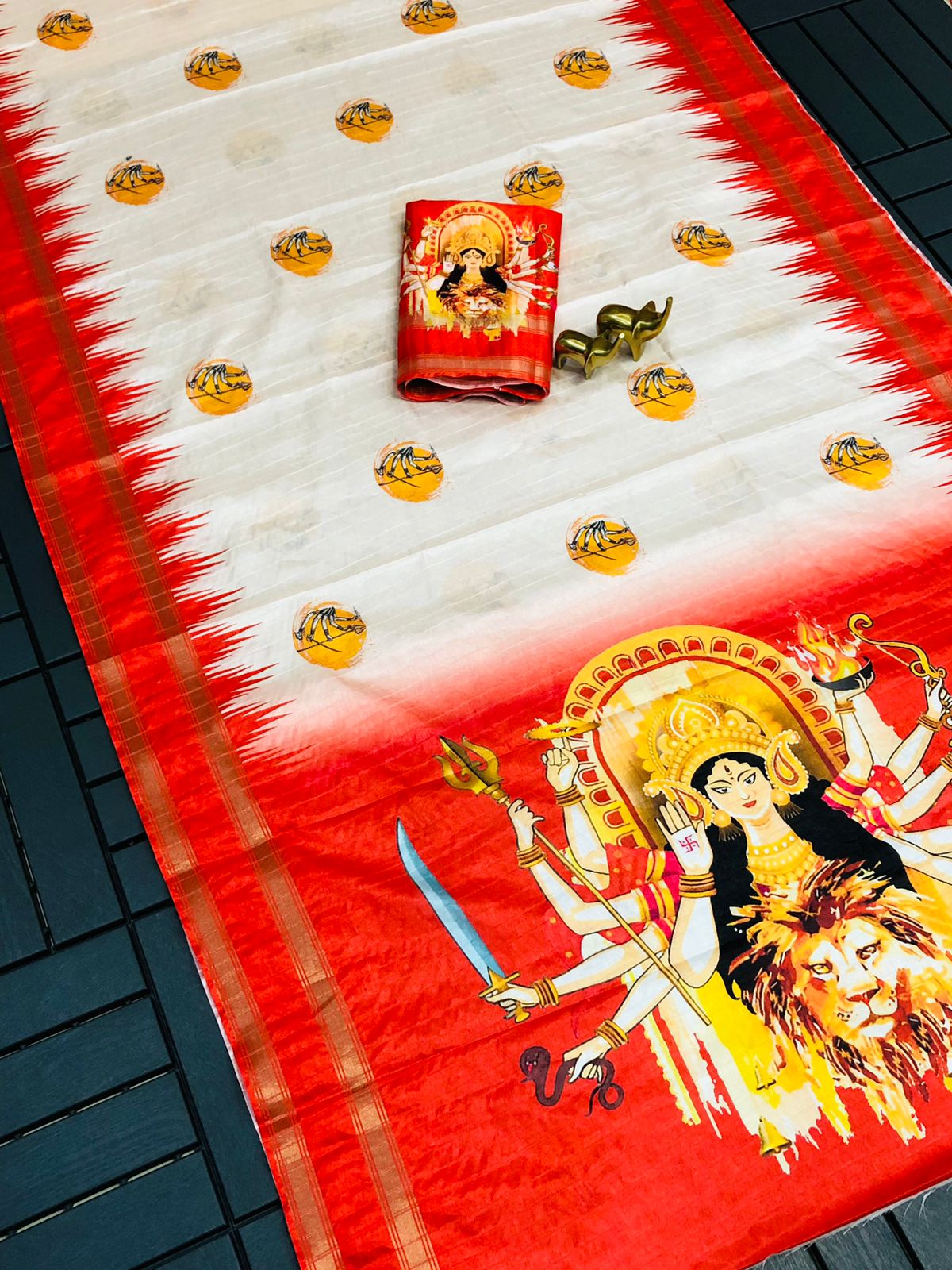 Durga Pooja Print Design Handloom Saree Moksha Fashions