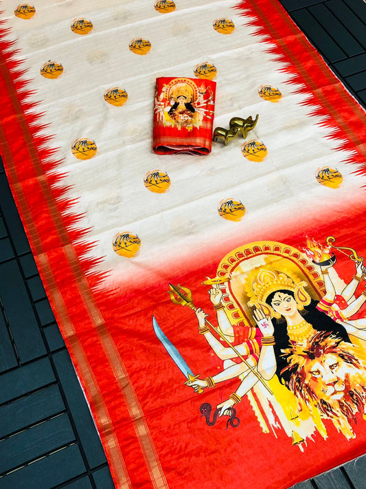 Durga Pooja Print Design Handloom Saree Moksha Fashions