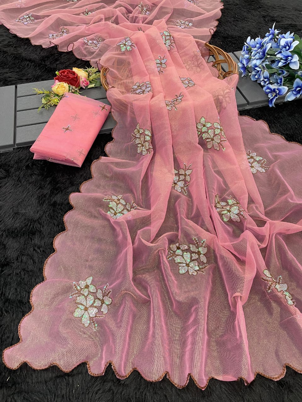 .Jimmy Fabric With Sequence Saree - Moksha Fashions