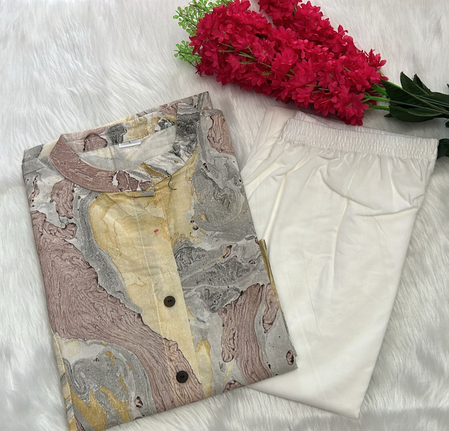 Trendy collection of hand printed marble print kurti with pant Moksha Fashions