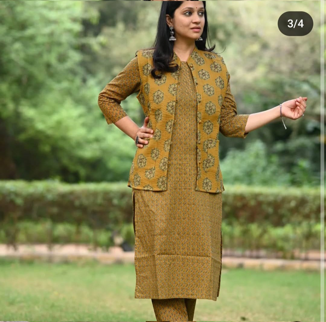 Procin print Kurti Pant Set With Quilted cotton jacket Moksha Fashions
