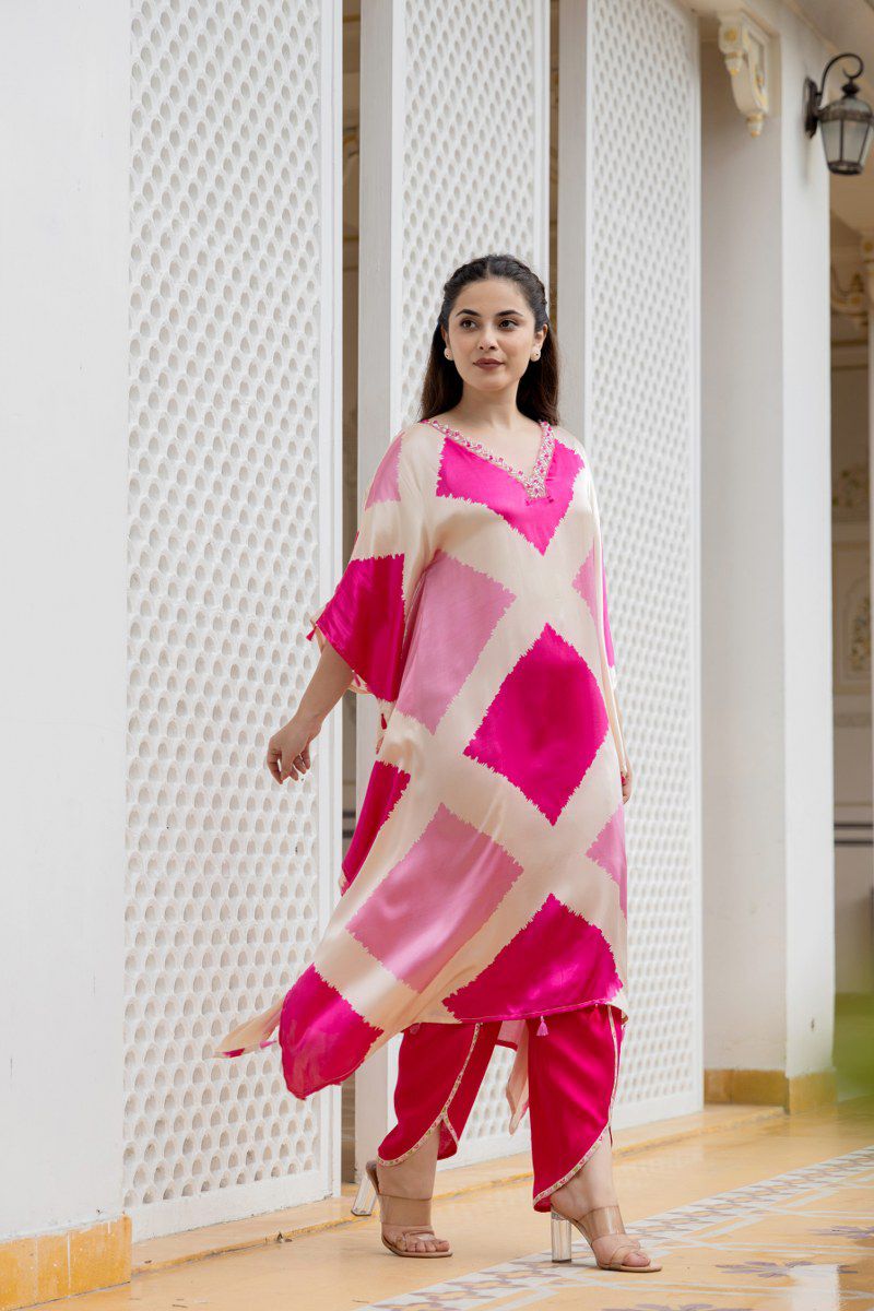 Pink Kaftan Style Suit With Tulip Pant Moksha Fashions