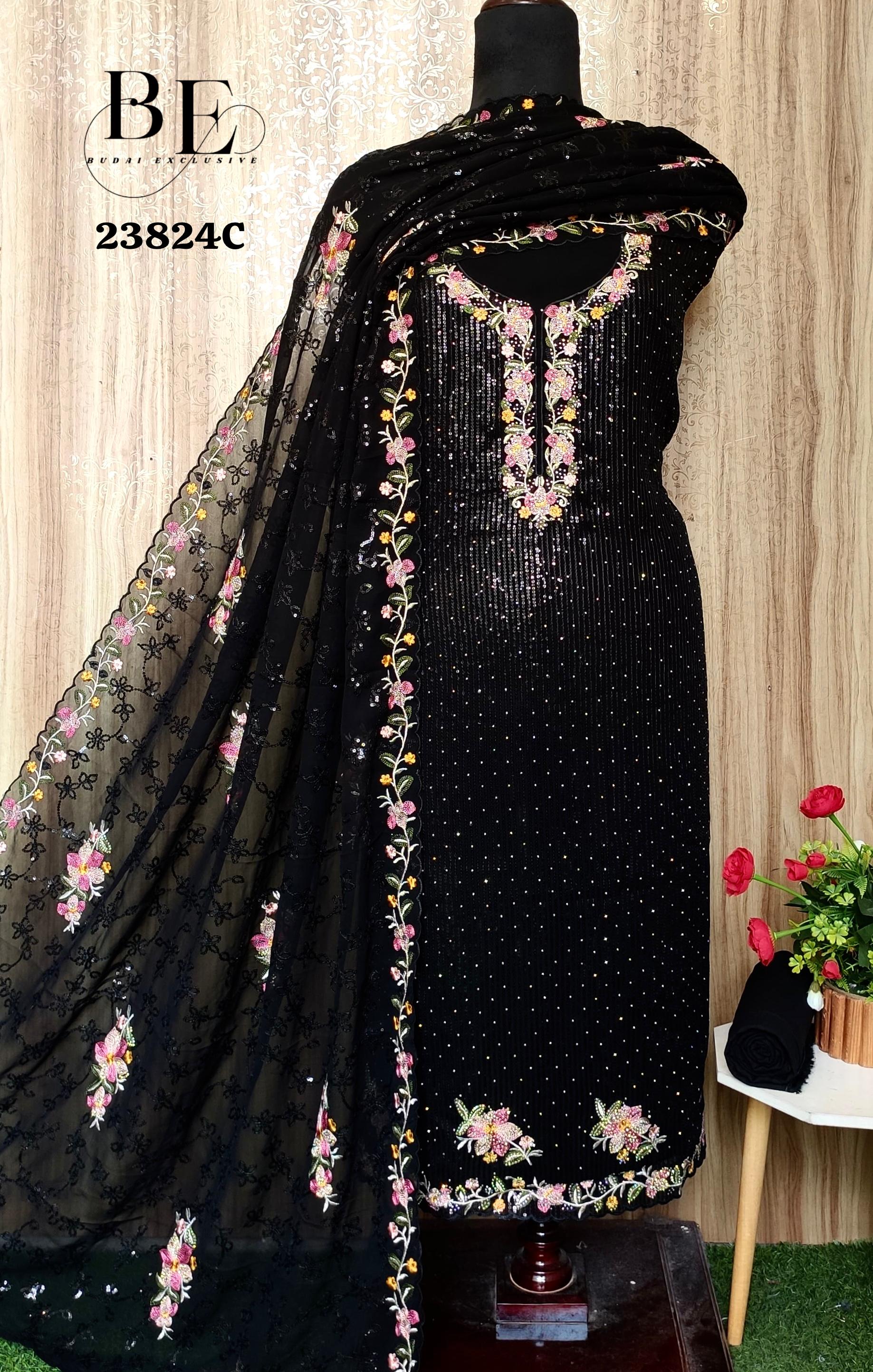 Black Georgette Suit Fabric With Pure Heavy Designer Work Moksha Fashions