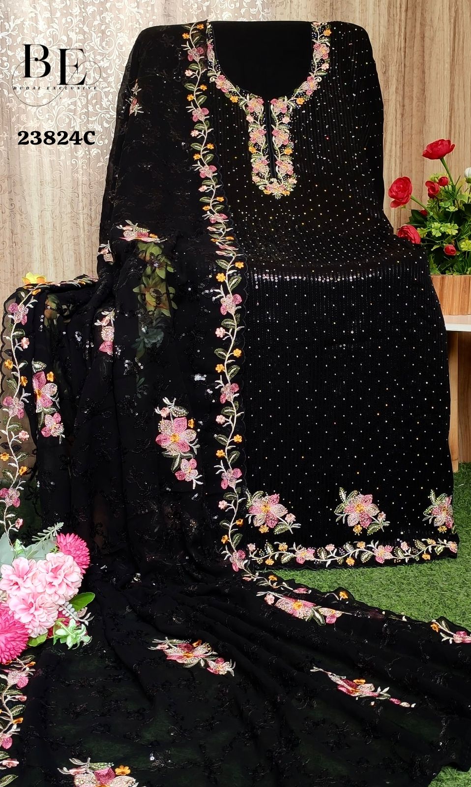 Black Georgette Suit Fabric With Pure Heavy Designer Work Moksha Fashions