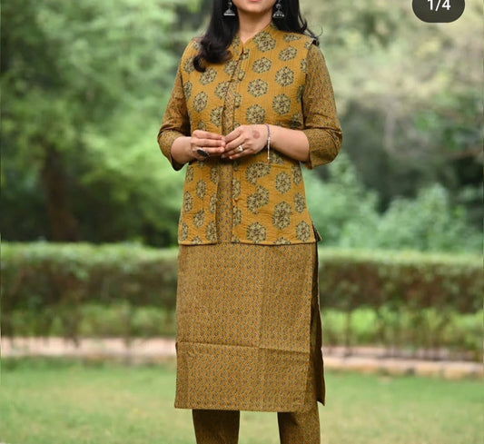 Procin print Kurti Pant Set With Quilted cotton jacket Moksha Fashions