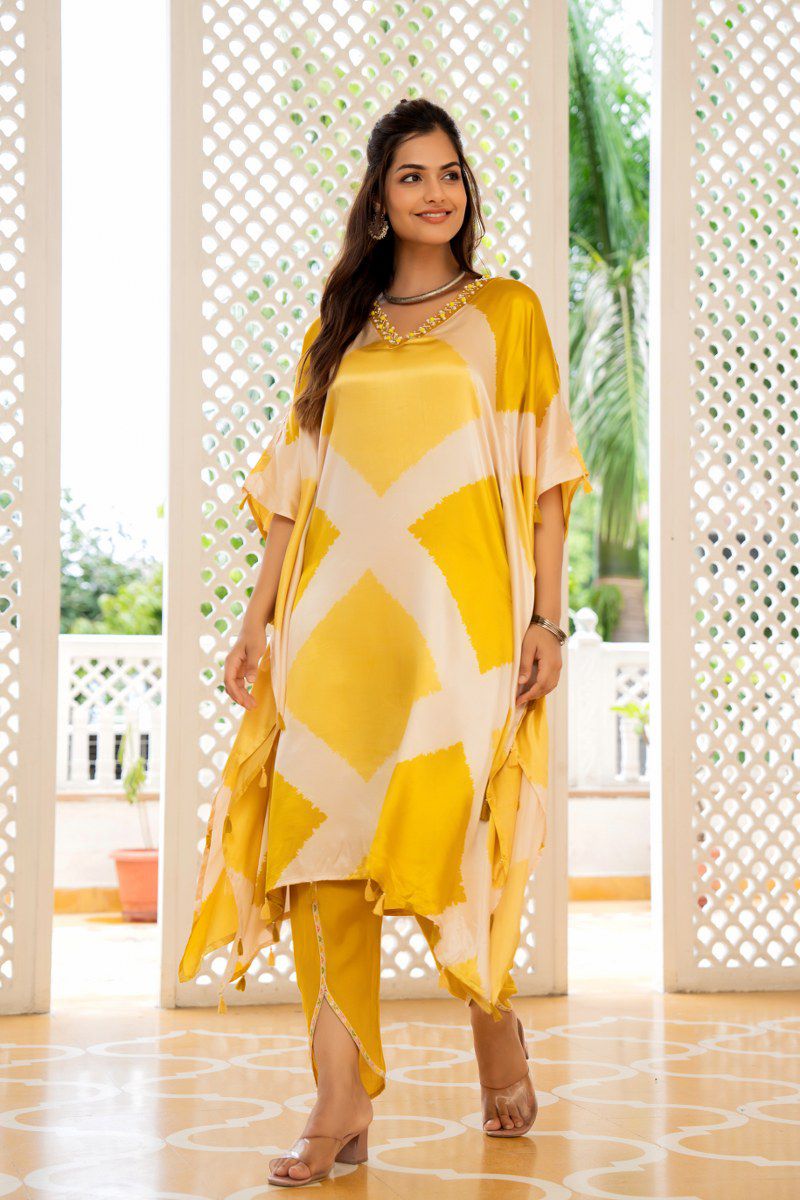 Astounding Yellow Kaftan Style Suit With Tulip Pant