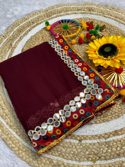 Heavy Chiffon Lehria Saree/ Zari Border/ Bouble Line Mirror