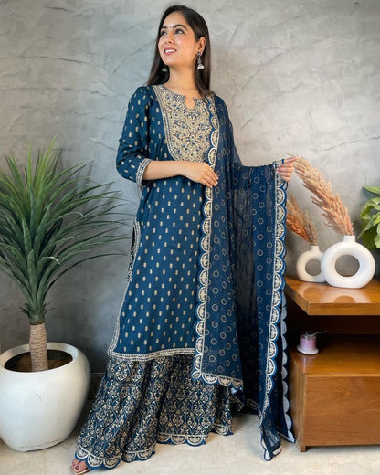 Featuring Stunning Printed Straight Long Kurti Sharara Pant Dupatta Set