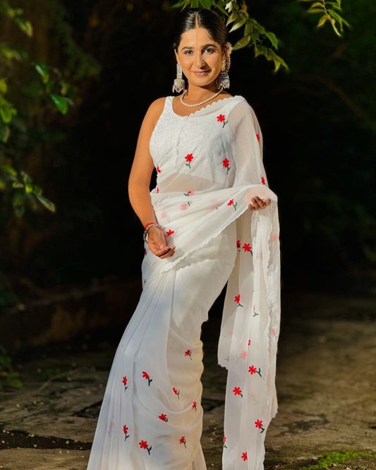 Georgette Designer Saree Featuring Intricate Thread Work & Stunning Cutwork Throughout Fabric Moksha Fashions