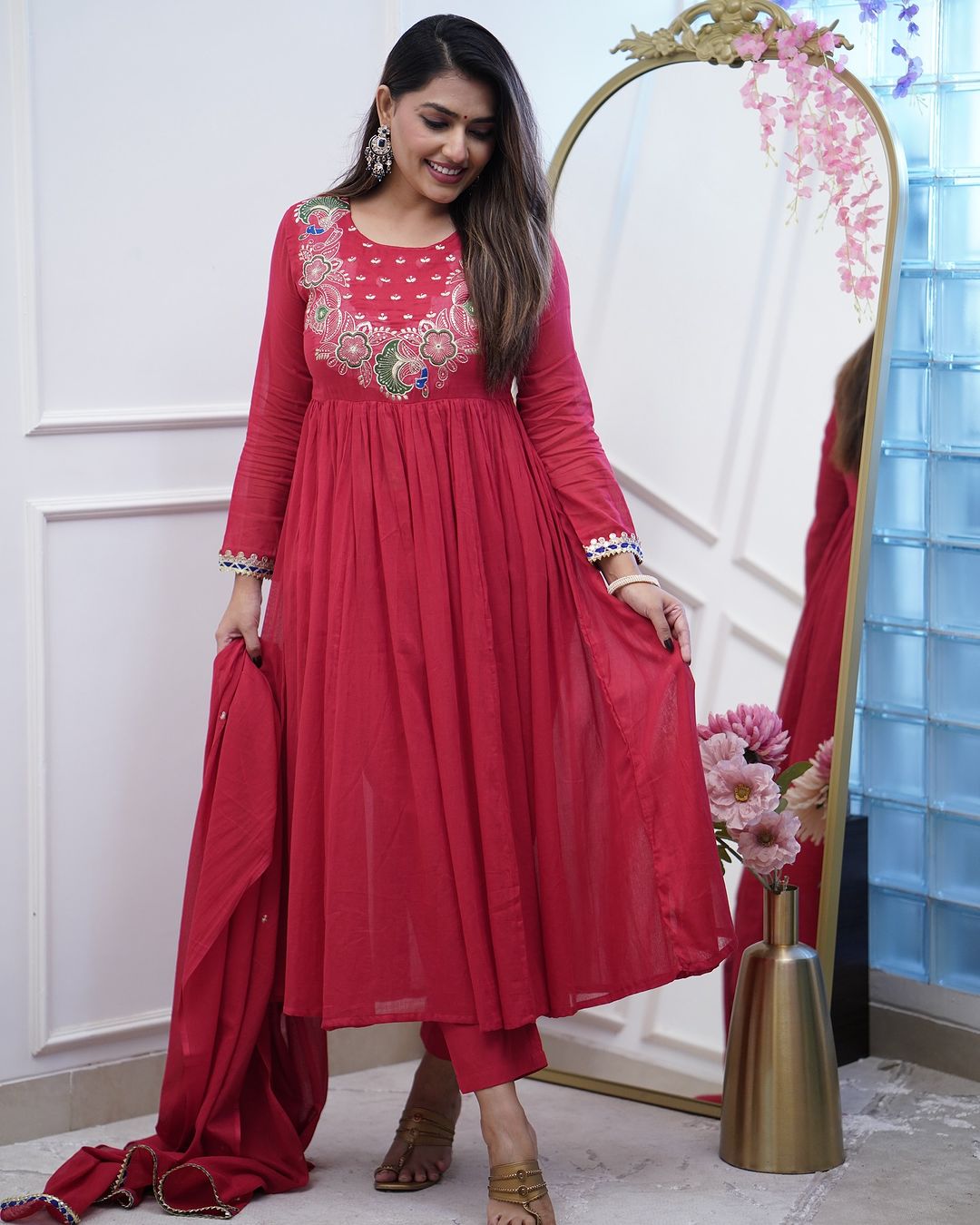 Beautiful Floral Peacock Embroidery Work Detailing With Lace Work Anarkali Kurti-Pant