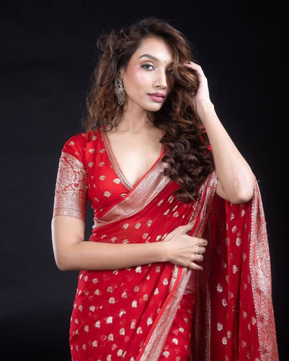 .Elephant Viscose Georgette Saree With Beautiful Small Jacquard Buti All Over