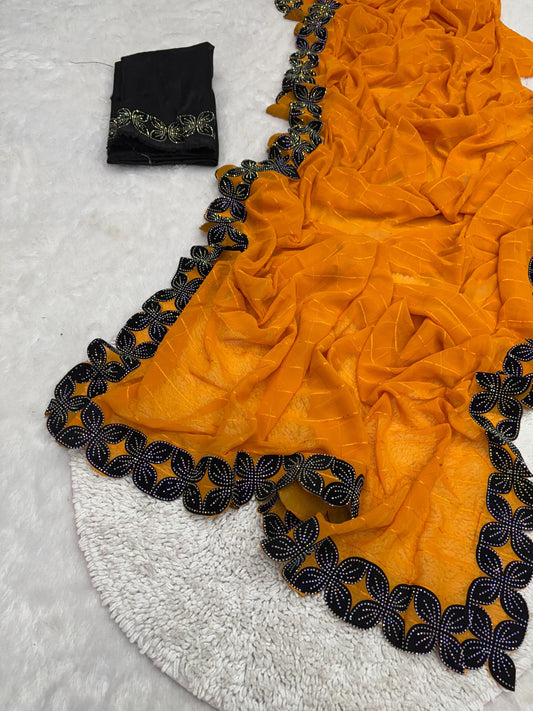 .Heavy Velvet Cut With Siroski Work Saree