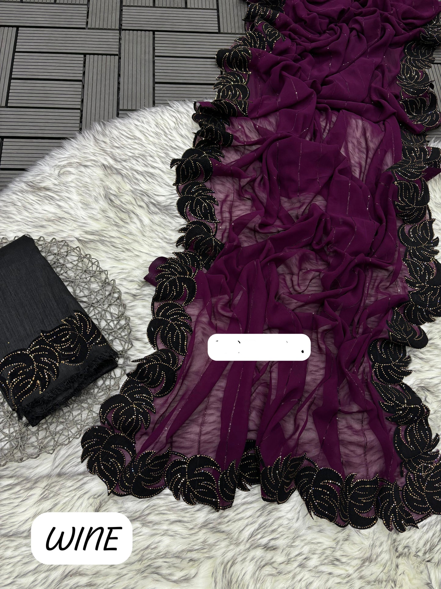 .Heavy Velvet Cut With Siroski Work Saree - Moksha Fashions