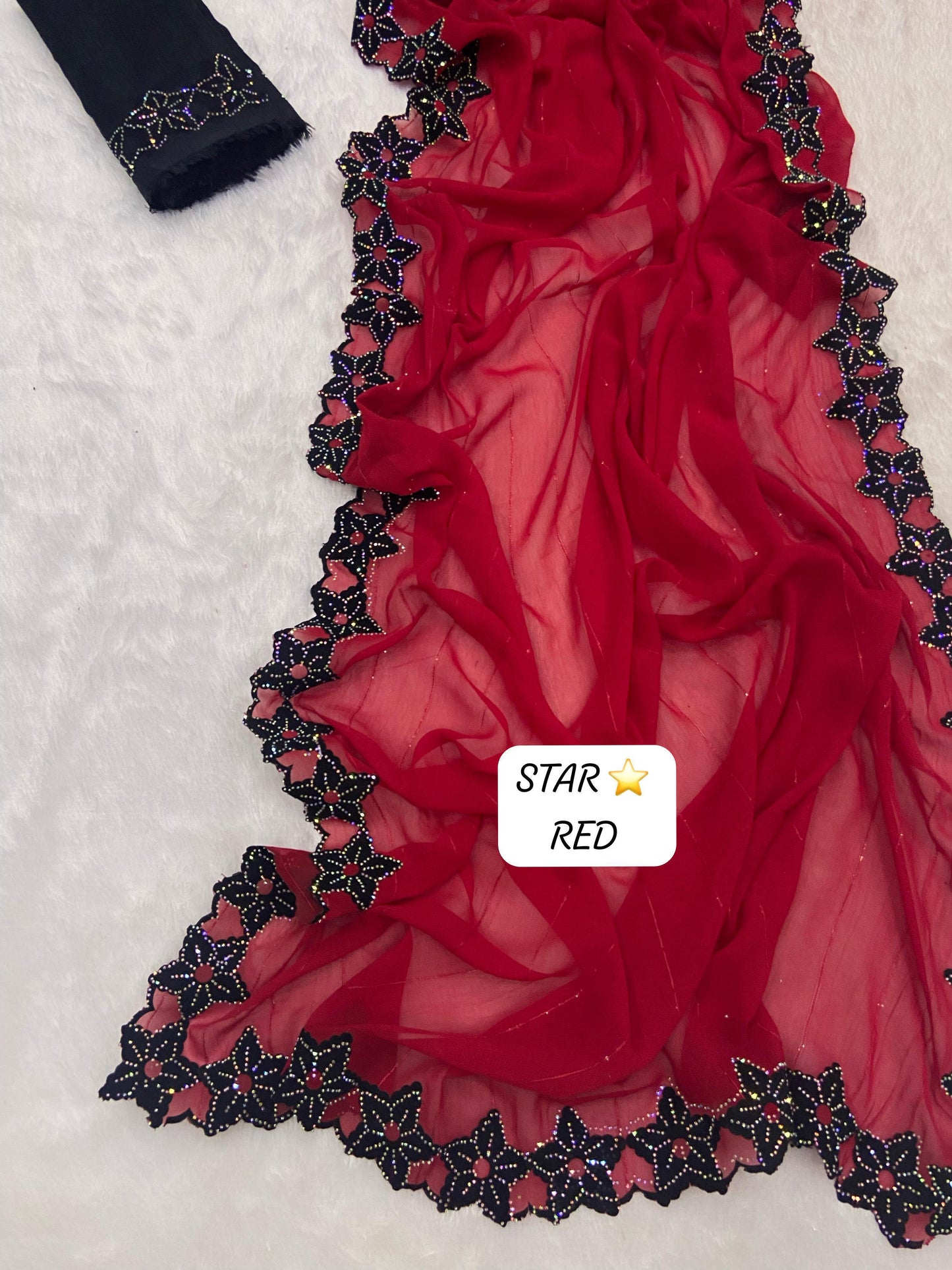 .Heavy Velvet Cut With Siroski Work Saree - Moksha Fashions