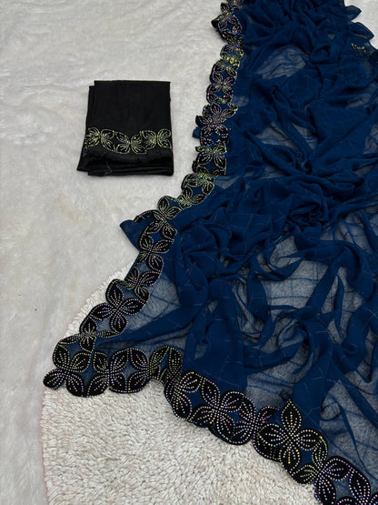 .Heavy Velvet Cut With Siroski Work Saree - Moksha Fashions
