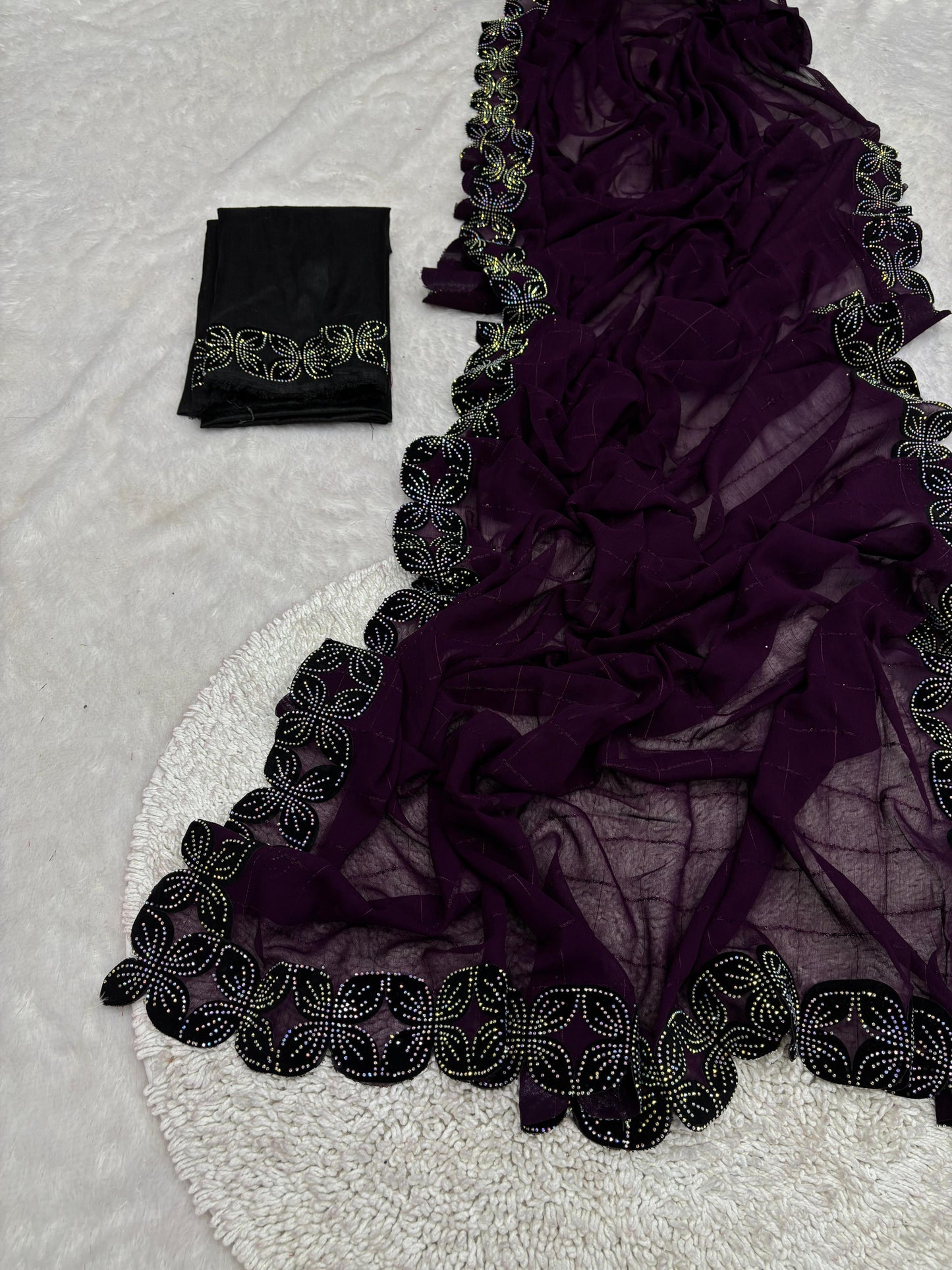 .Heavy Velvet Cut With Siroski Work Saree - Moksha Fashions