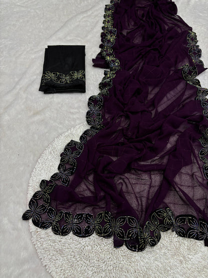 .Heavy Velvet Cut With Siroski Work Saree - Moksha Fashions