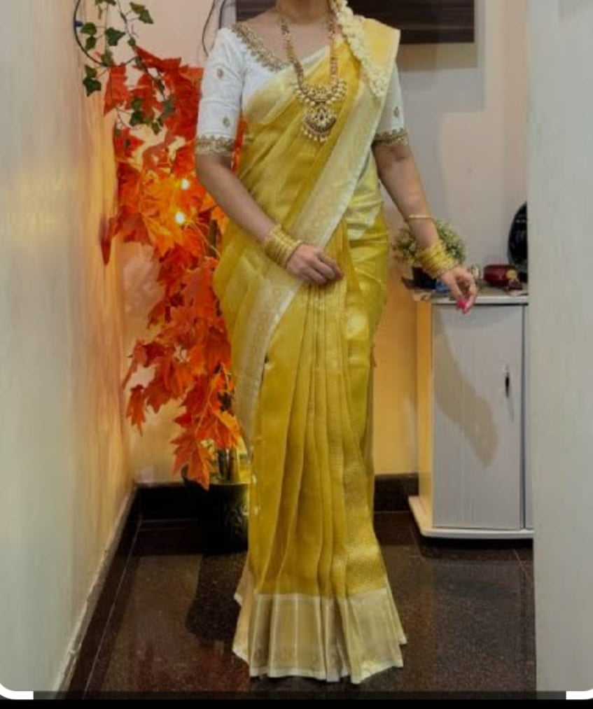 Golden bridal tissue silk saree