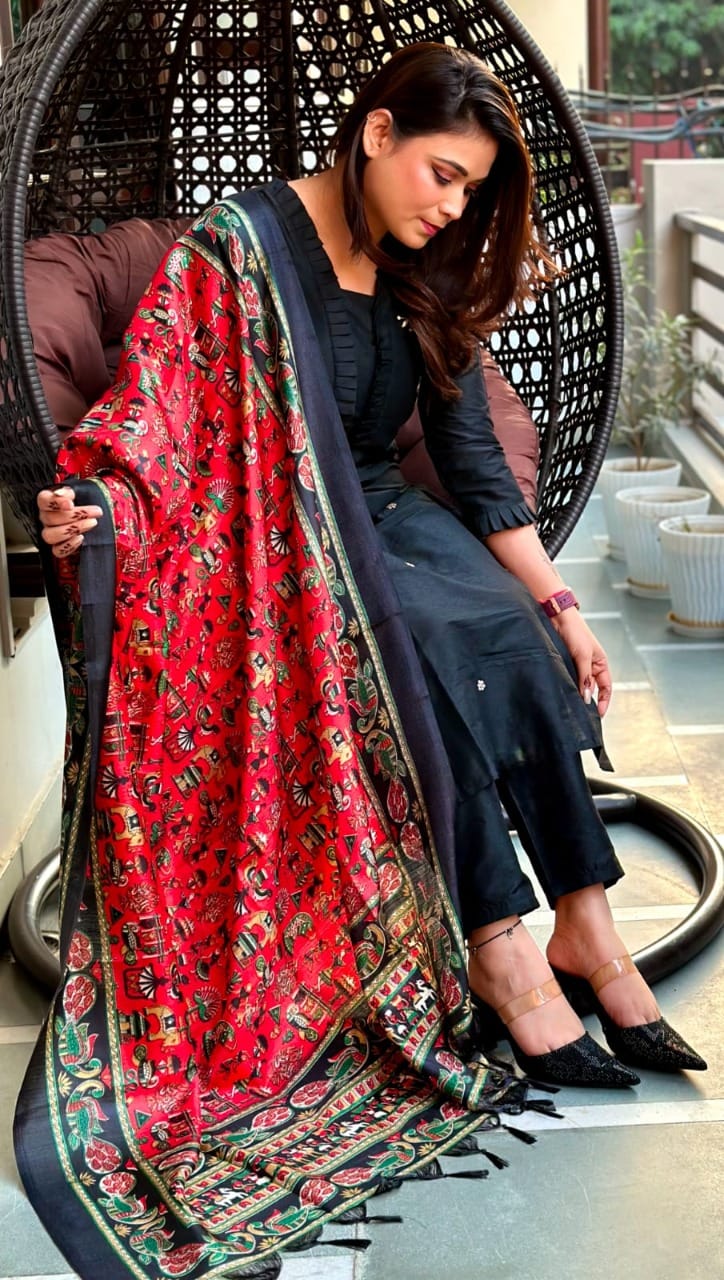 Black Cotton Kurti Pant Silk Dupatta
