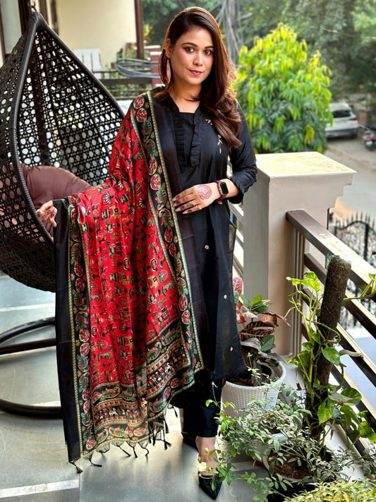 Black Cotton Kurti Pant Silk Dupatta