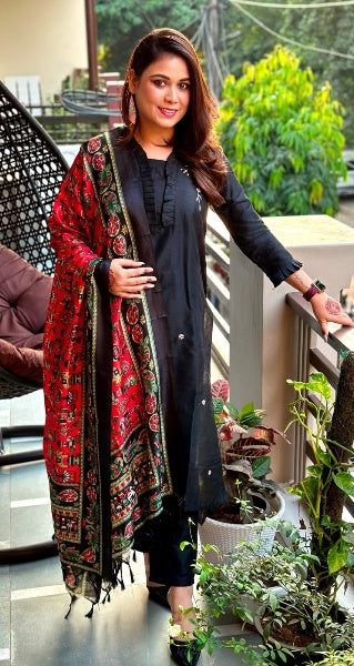 Black Cotton Kurti Pant Silk Dupatta