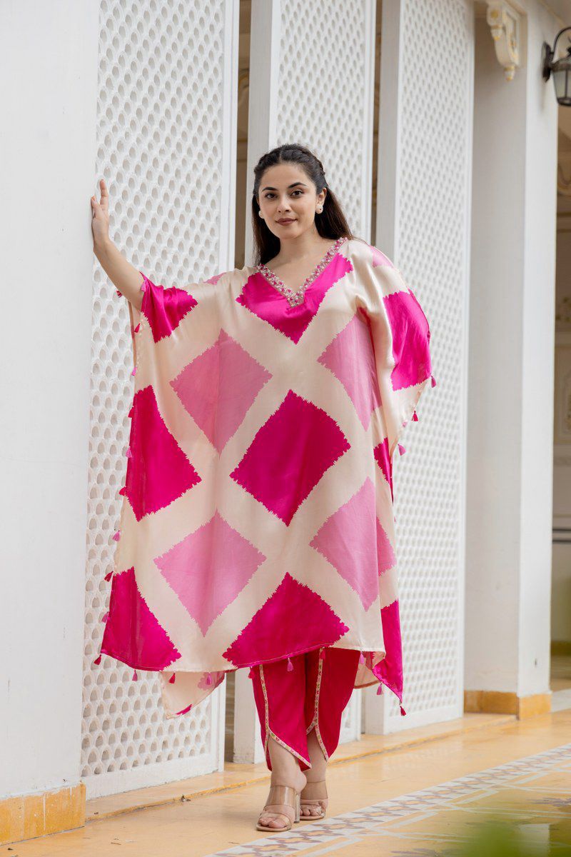 Pink Kaftan Style Suit With Tulip Pant